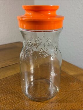 Vintage Glass Tang Bottle Jar Carafe Embossed Floral Orange Plastic Lid